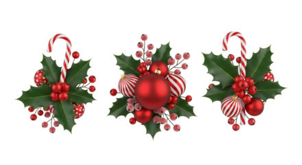 Three christmas ornaments with holly, berries, and candy canes, isolated on transparent background