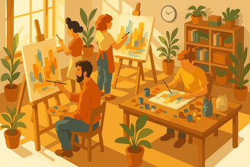 Adults engaged in creative painting workshop with vibrant colors and indoor plants
