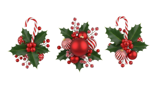 Three christmas ornaments with holly, berries, and candy canes, isolated on transparent background