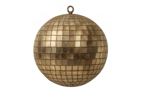Golden disco ball reflecting light, symbolizing celebration, party, music, dance, and retro nightlife fun, isolated on transparent background