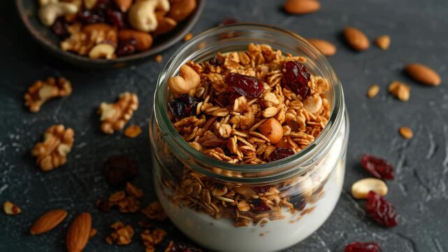 A bowl of nutritious cereal topped with nuts and berries. The glass bowl is filled to the brim, ready for a healthy start to the day.