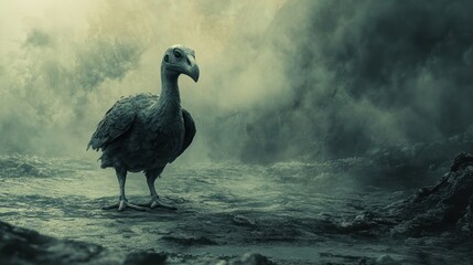 Extinct Dodo Bird Standing Solemnly in a Misty, Moody Environment