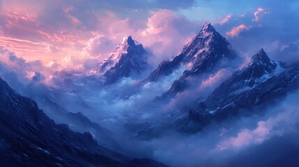 Majestic Mountain Peaks Emerging from Misty Clouds in a Dreamlike Landscape