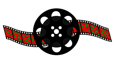 Film reel with a strip of film showing a festive pattern, isolated on transparent background