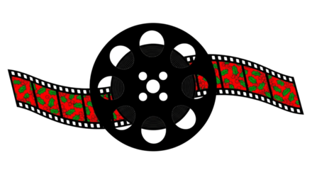 Film reel with a strip of film showing a festive pattern, isolated on transparent background