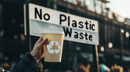 Showing a coffee cup with recycle icon in front of No Plastic Waste sign