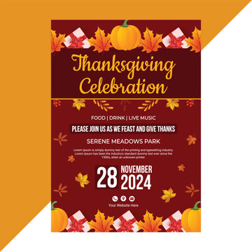 Modern Thanksgiving celebration flyer template with autumn leaves, pumpkins, and festive typography, perfect for social media promotion, event invitation, or seasonal marketing design
