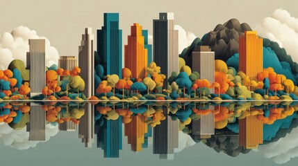 Colorful cityscape with mountains and reflections on transparent background