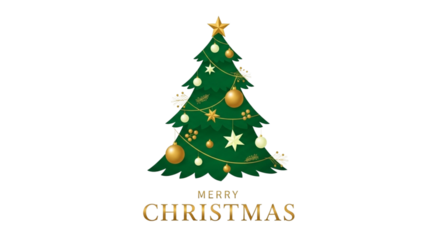 Beautifully decorated christmas tree with golden ornaments and star on top, with merry christmas text, isolated on transparent background