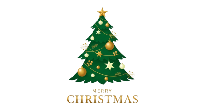 Beautifully decorated christmas tree with golden ornaments and star on top, with merry christmas text, isolated on transparent background