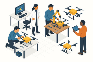 Diverse engineers designing and testing drones in a collaborative lab environment