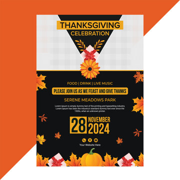 Elegant Thanksgiving Party Flyer Template with Pumpkins, Autumn Leaves, and Festive Meal Theme Ideal for Fall Celebration, Dinner Invitation, or Restaurant Event Promotion