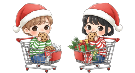 Cute cartoon children in santa hats sitting in shopping carts, eating cookies, and surrounded by christmas gifts isolated on transparent background