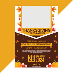 Stylish Thanksgiving Dinner Flyer Template with Autumn Colors, Pumpkins, and Festive Food Illustration Perfect for Seasonal Event, Fall Party, or Holiday Celebration Promotion