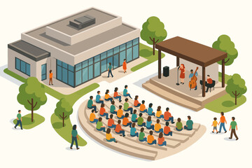 Outdoor concert at park pavilion with diverse crowd and musicians