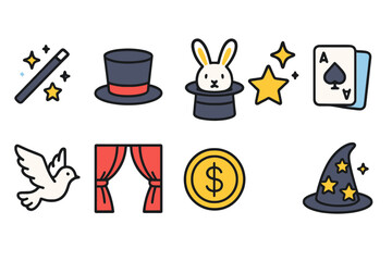 Magic icons collection: wand, hat, rabbit, cards, dove, curtain, coin, wizard hat