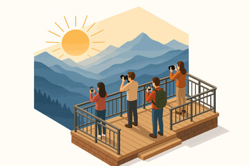 Group of young adults photographing mountain view from scenic overlook