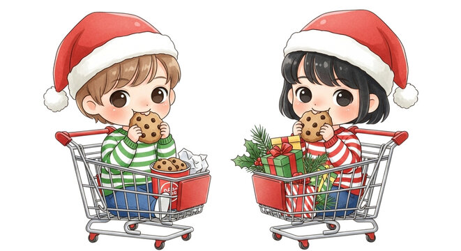 Cute cartoon children in santa hats sitting in shopping carts, eating cookies, and surrounded by christmas gifts isolated on transparent background - Powered by Adobe