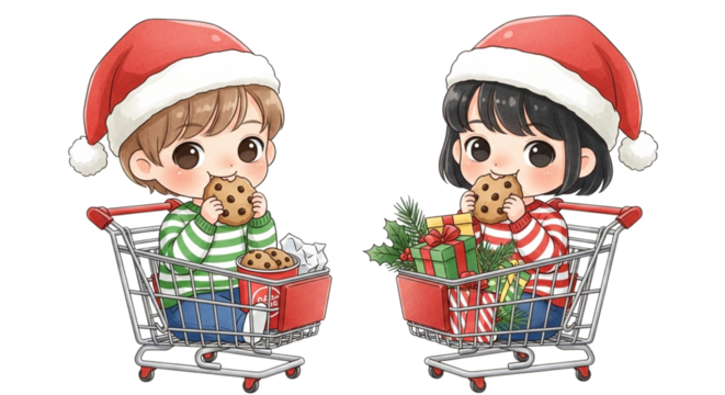 Cute cartoon children in santa hats sitting in shopping carts, eating cookies, and surrounded by christmas gifts isolated on transparent background - Powered by Adobe