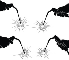 Welding process vector illustration with sparks and hand holding torch eps silhouette