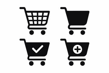 Set of shopping cart icons featuring checkmarks and add symbols
