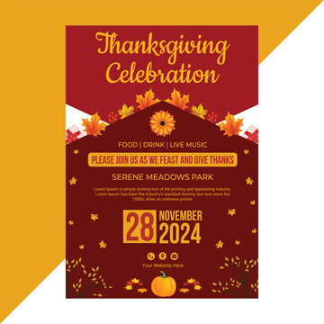 Modern Thanksgiving Event Flyer Template in Warm Autumn Colors with Pumpkins, Falling Leaves, and Decorative Typography for Seasonal Party, Festival Invitation, or Holiday Celebration Promotion