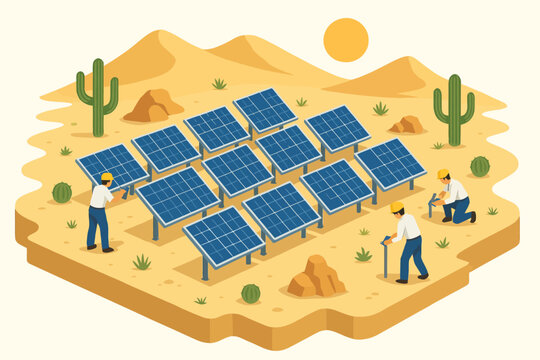 Isometric solar farm with workers installing panels in desert setting