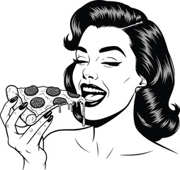 Woman eating pizza slice illustration black and white pop art style eps silhouette