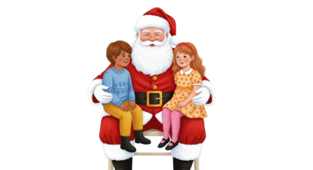 Illustration of santa claus sitting and holding a young boy and a young girl on his lap, isolated on transparent background