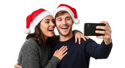 Young couple wearing santa hats taking a selfie with a smartphone, smiling and laughing, isolated on transparent background
