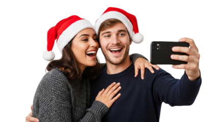 Young couple wearing santa hats taking a selfie with a smartphone, smiling and laughing, isolated on transparent background