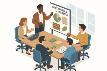 Diverse team discussing sustainable materials in meeting room