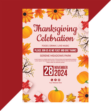 Elegant Thanksgiving Celebration Flyer Template with Pumpkins, Autumn Leaves, and Sunflowers for Fall Festival Event, Feast Invitation, and Seasonal Party Promotion in Editable Vector Design