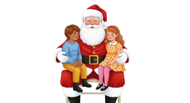 Illustration of santa claus sitting and holding a young boy and a young girl on his lap, isolated on transparent background