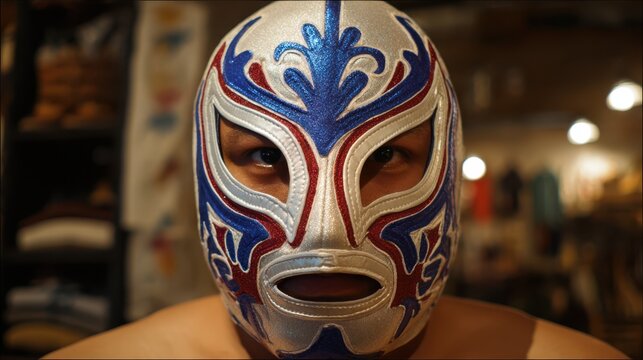 Luchador wearing a colorful mask poses for the camera at a wrestling store in Mexico during the afternoon