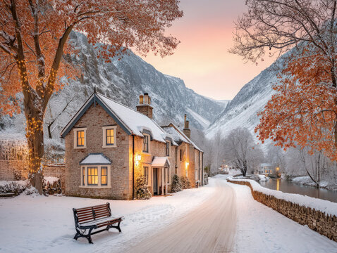 Cottage in the snow in the uk - Powered by Adobe