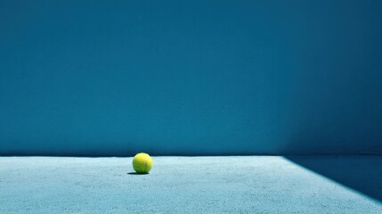 Bright yellow tennis ball rests on a smooth blue surface under soft light in a minimalistic indoor setting at midday