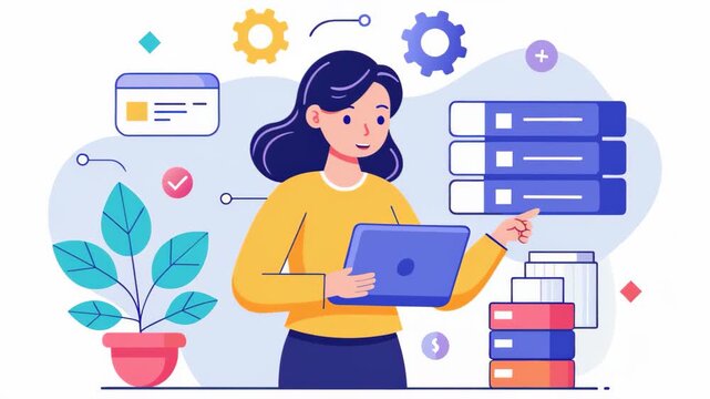 A woman holding a laptop standing in front of a stack of books, concept of women backing up data, Simple and minimalist flat 2d Animation