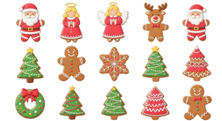 A collection of christmas themed gingerbread cookies including santa claus, reindeer, gingerbread man, angel, and christmas tree, isolated on transparent background
