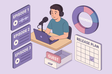 Young caucasian male podcaster recording episodes with laptop and microphone