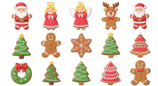 A collection of christmas themed gingerbread cookies including santa claus, reindeer, gingerbread man, angel, and christmas tree, isolated on transparent background