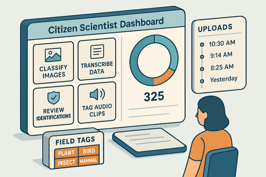 Citizen scientist dashboard with uploads and field tags in a research monitoring system