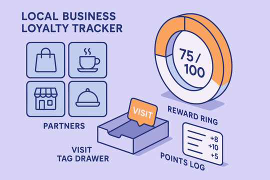 Local business loyalty tracker infographic with visit tag drawer and reward ring - Powered by Adobe