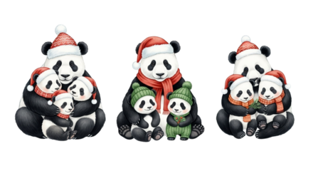 Three watercolor illustrations of panda families wearing santa hats and winter clothing, isolated on transparent background
