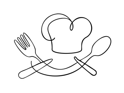 Continuous Line Drawing Chef Hat Spoon Fork Emblem. Professional Cooking Culinary Symbol Vector Art.
