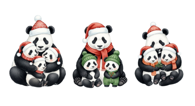 Three watercolor illustrations of panda families wearing santa hats and winter clothing, isolated on transparent background