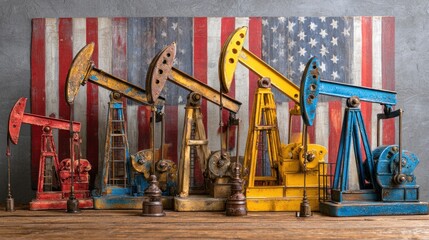 Colorful oil pump jacks in front of an american flag artwork