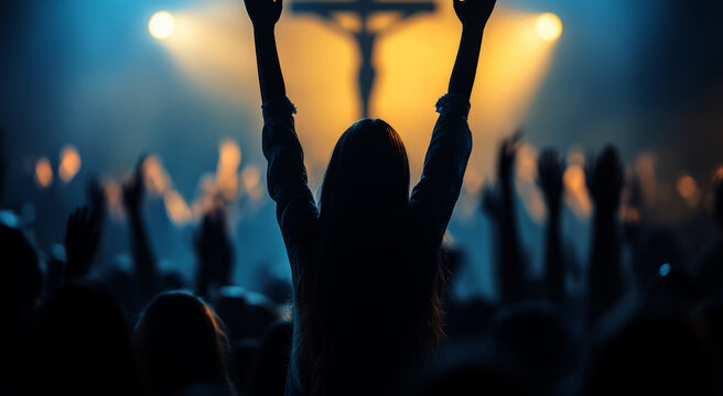 people raising their hands in worship at a church, with a cross on the stage background	
