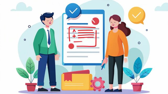 A man and a woman standing next to a large checklist, possibly discussing a contract agreement, contract agreement between two business people, Simple and minimalist flat 2d Animation