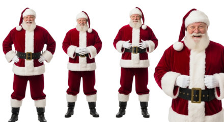 Four cheerful santa claus figures in traditional red and white suits, isolated on transparent background